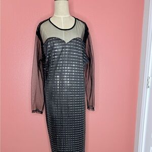 Boutique Brand  Reflective sequin  Chic Black and Silver Long Sleeve Dress